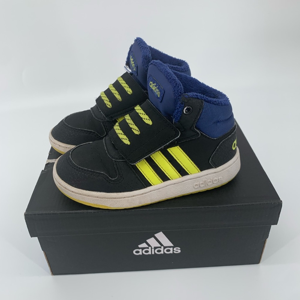 Adidas Hoops MIDI High Top Black and Yellow Fleece Lined Boy Sneakers Size 10 - Picture 9 of 9